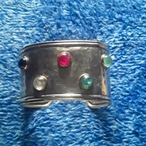 Rare vintage artisan hammered Sterling silver cuff with semiprecious stones